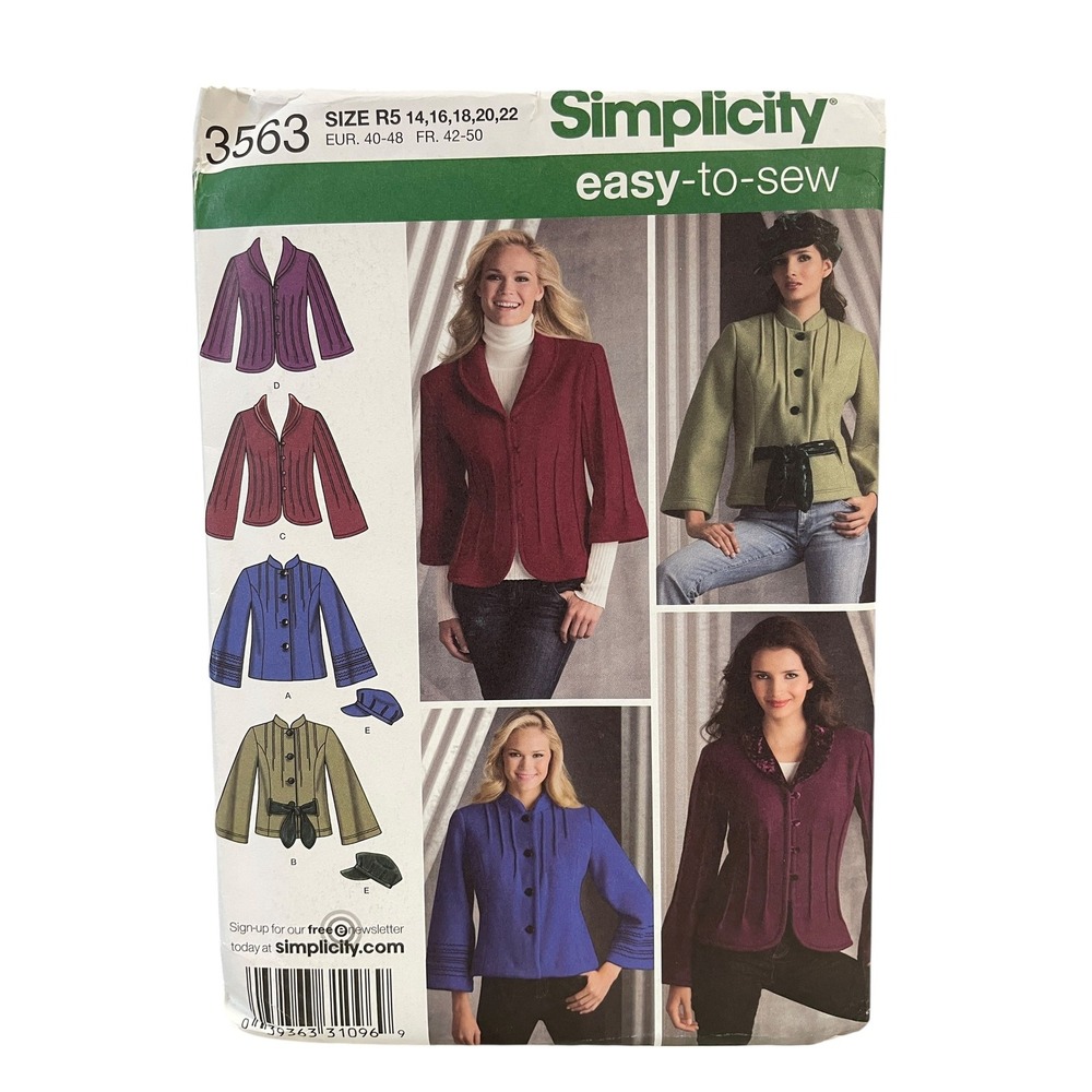 Simplicity 3563 Jacket Pattern Misses Size 14-22 Easy Princess Seam Hat